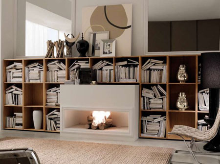 Interior photo of a bookshelf and fireplace