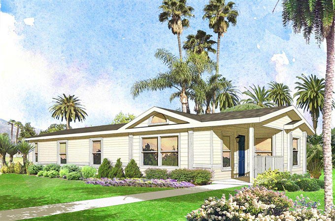 A sketch of a manufactured home exterior placed on land with palm trees