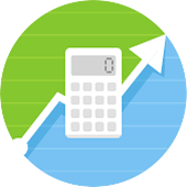 Illustrated icon of a calculator and line graph