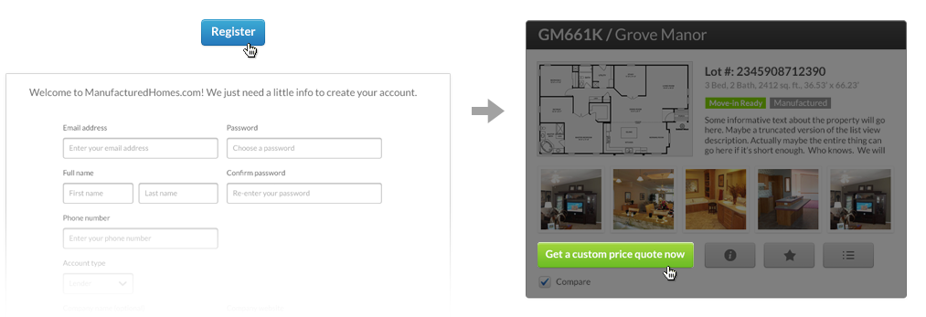 Image demonstrating how a user can register for an account and then request a price quote on a home